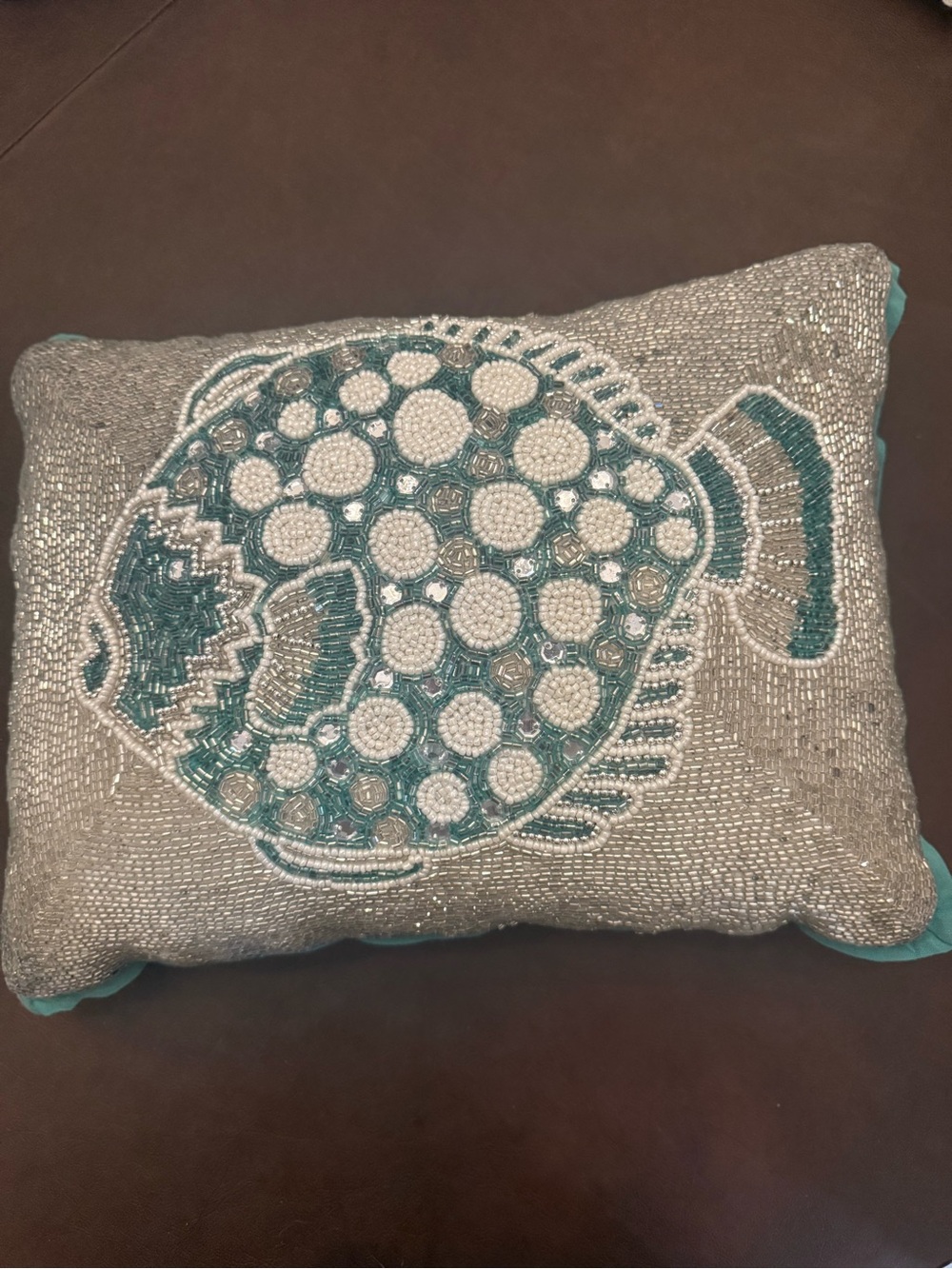 Beaded Fish Accent Pillow - Teal and Silver Embroidery 11x15